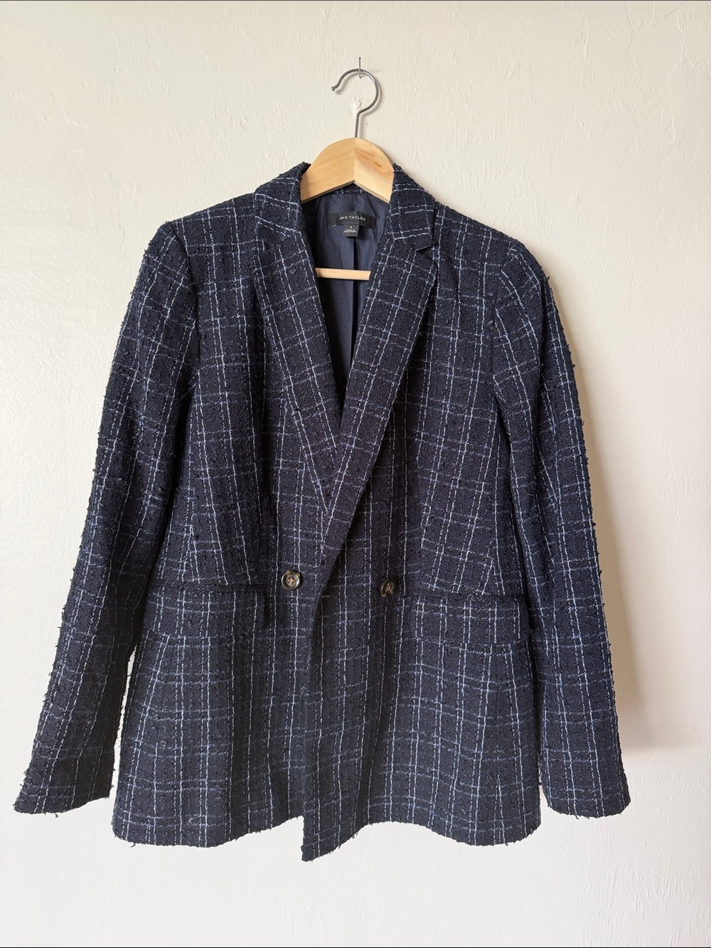 Ann Taylor -Navy Windowpane Tweed Double-Breasted Blazer